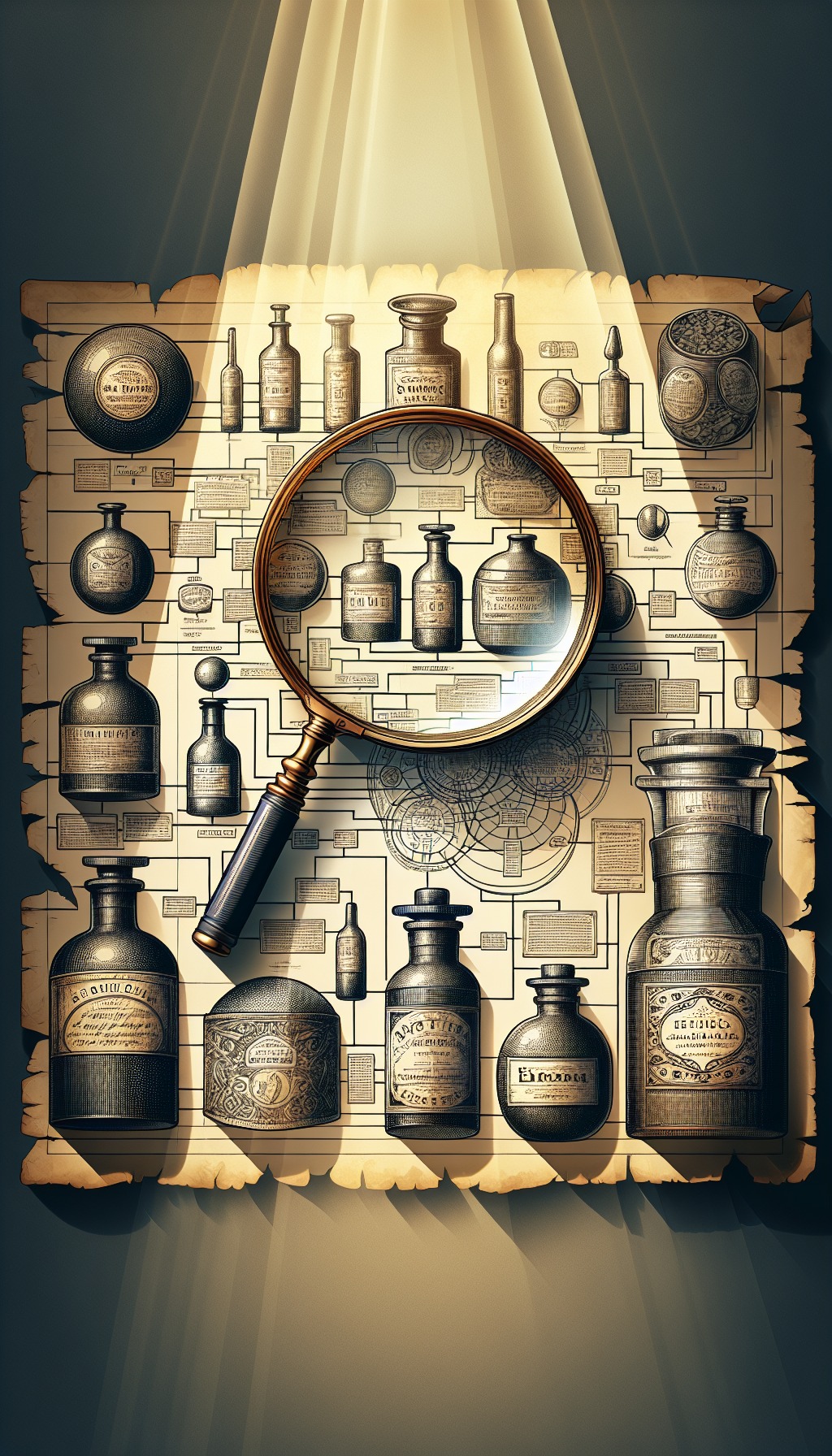 An intricate tableau features a magnifying glass held over a cluster of textured antique medicine bottles with embossed labels and faded script. Beams of light through the glass spotlight snippets of words like "Elixir," "Extract," and "Cure-All," as a parchment unrolls beneath, detailing a flowchart for identifying bottle origins and contents, blending realism with etched line art.