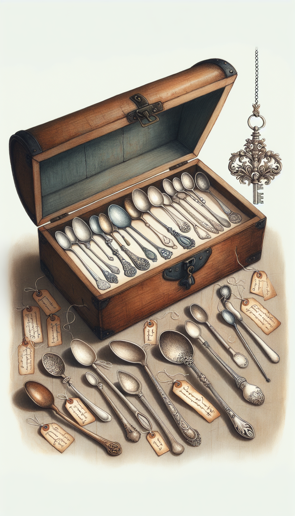 A whimsical, aged wooden treasure chest, slightly ajar, with a collection of illustrated antique spoons—ranging from a Baroque stylus to a Rococo soup spoon—spilling out, each tagged with a small parchment identifying its era. Overhead, an ornate, decorative key dangles from a fine chain, hinting at the secrets unlocked within this beginner's guide to historical spoon identification.