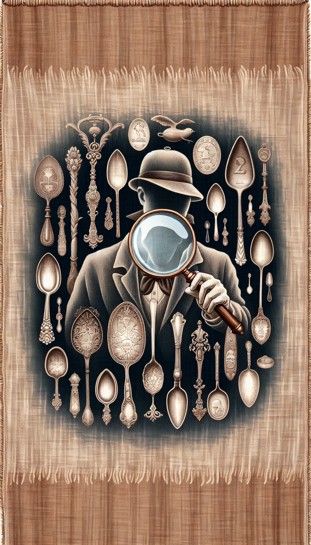 An illustrative tapestry unfolds with a magnifying glass hovering over a cluster of ornate antique spoons, its lens focusing on intricate hallmarks and maker's marks etched into their stems. The spoons, each styled with a distinct historic period (e.g., Baroque, Victorian), cast faint shadows forming symbolic timelines while a ghostly figure of an inspector with a detective hat scrutinizes their authenticity.