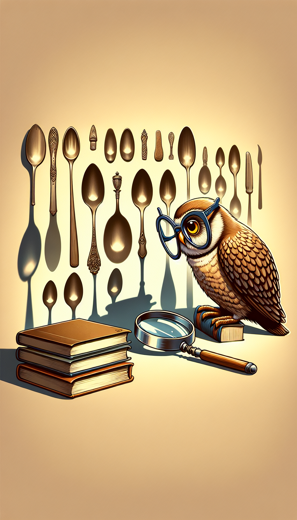 A whimsical illustration depicts an animated, bespectacled owl perched atop a stack of history tomes, peering through a magnifying glass at a collection of variously styled antique spoons arrayed below. Each spoon casts a shadow that morphs into an iconic symbol from its era, subtly suggesting the fusion of past and present in the quest for identification.