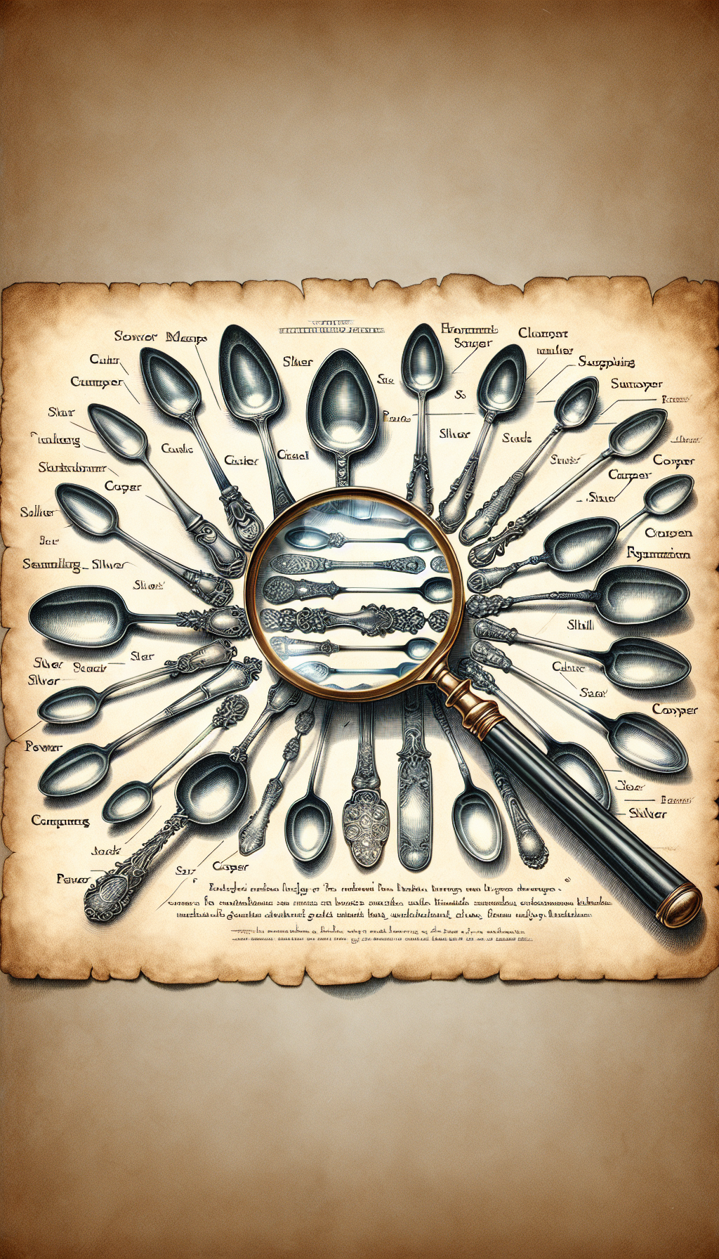 An intricate illustration featuring a collection of antique spoons, each with a distinct metallic luster and ornate engravings, serves as a guide to identifying the materials used in their craftsmanship. The spoons lay atop an aged parchment labeled with the names of the metals—silver, pewter, copper—while a magnifying glass hovers over, revealing the fine details and hallmarks of each piece.
