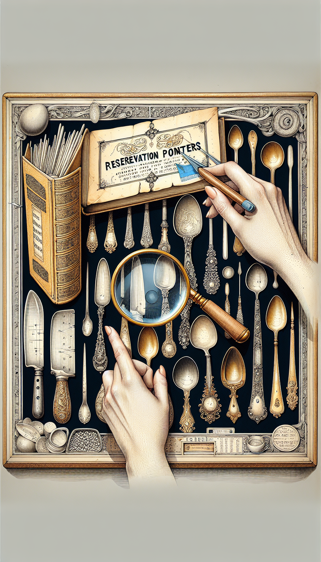 An intricate illustration frames a vintage golden book titled "Preservation Pointers," open to reveal an ornate spread of antique spoons, each labeled with delicate script. A magnifying glass hovers over, pinpointing fine engravings, as illustrated hands demonstrate careful polishing techniques. The border is playfully adorned with various preservation tools in a sketched, doodle-like style, contrasting the central hyper-realistic imagery.