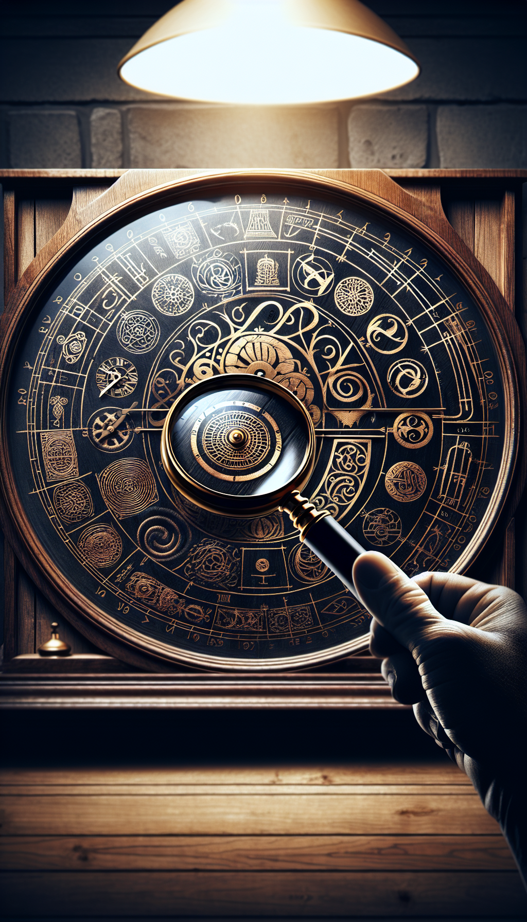 An illustration featuring an ancient German wall clock with its pendulum swinging, overlaid with a magnifying glass that reveals intricate hallmark engravings on the clock's face. Each engraved signature is stylized to represent different eras of German clockmaking, with Gothic, Renaissance, and Baroque elements, symbolizing the evolution and identification process of these historical timepieces.