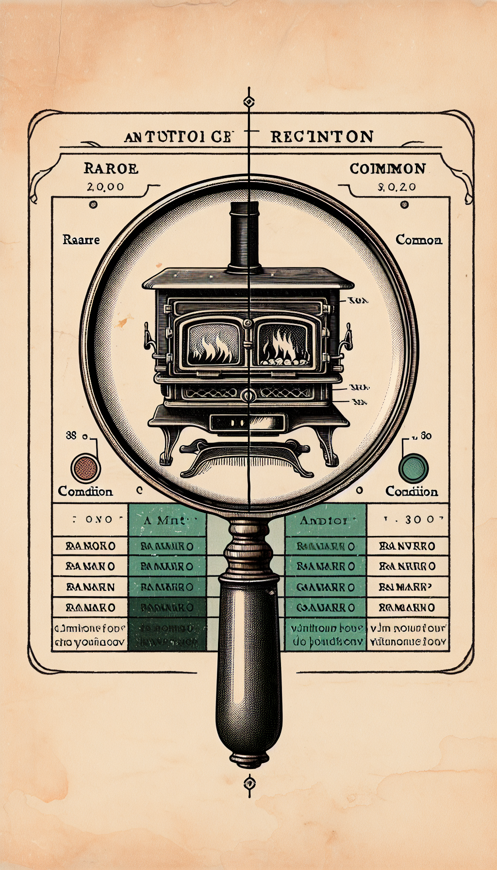 An illustration depicts a magnifying glass that encapsulates an antique parlor stove within its lens. The stove stands atop a graded scale ranging from 'Rare' to 'Common', with condition indicators such as 'Mint' to 'Worn' lining the sides. Styled half in crisp line art and half in soft watercolors, the imagery evokes a fusion of precision and nostalgia in valuing historical relics.