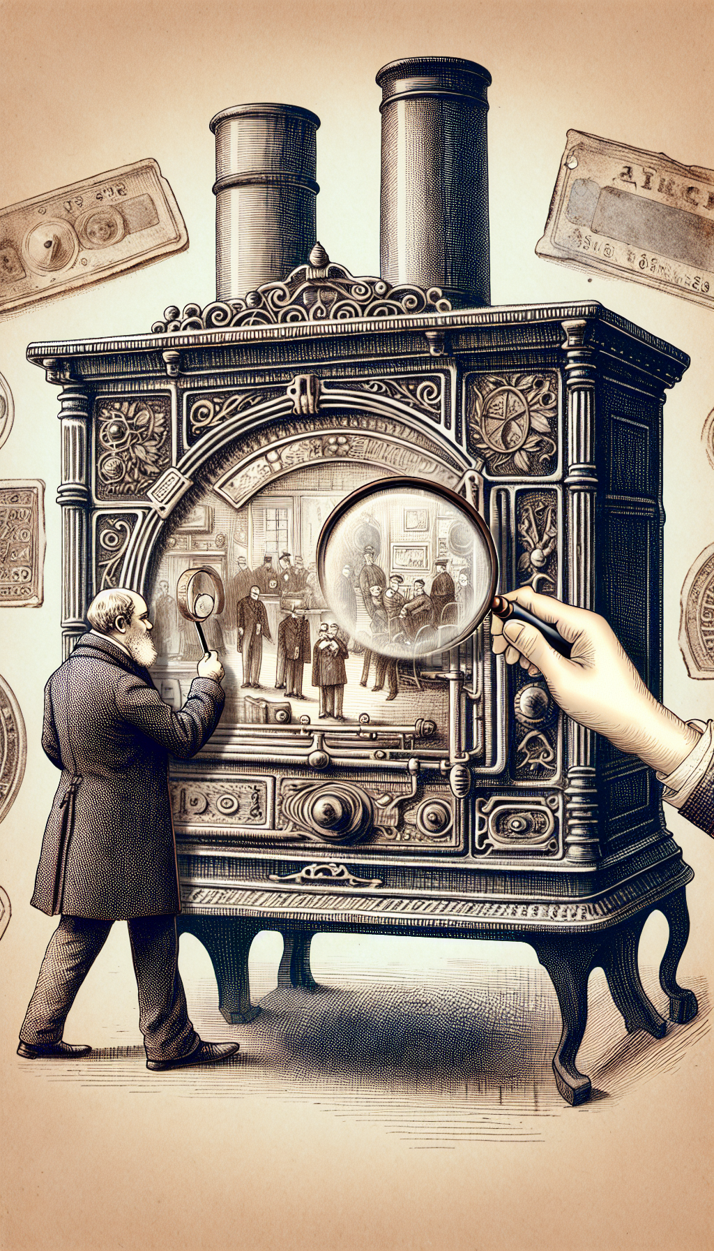 A detailed ink drawing depicts an antiquarian, magnifying glass in hand, peering at intricate maker's marks etched onto a vintage parlor stove's iron façade. The stove's ornate details are semi-transparent, revealing historical scenes within, while faded price tags swirl around, symbolizing the evolving value of such antiques—each style shift highlighting different historical eras signified by the marks.