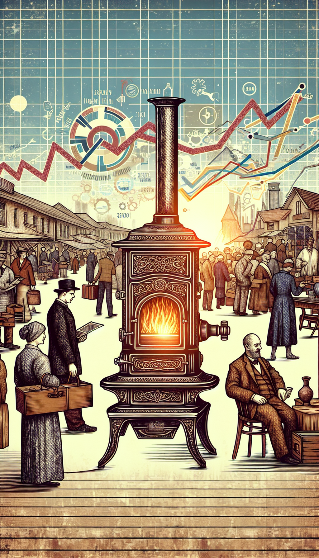 An illustration depicting an antique parlor stove at the center of a whimsical market square, pulsating with rays of influence that touch surrounding vintage shoppers and collectors. The stove's intricate patterns glow slightly, symbolizing its value, while market indicators and trend lines weave through the crowd as they seek out this centerpiece of warmth and historical charm.