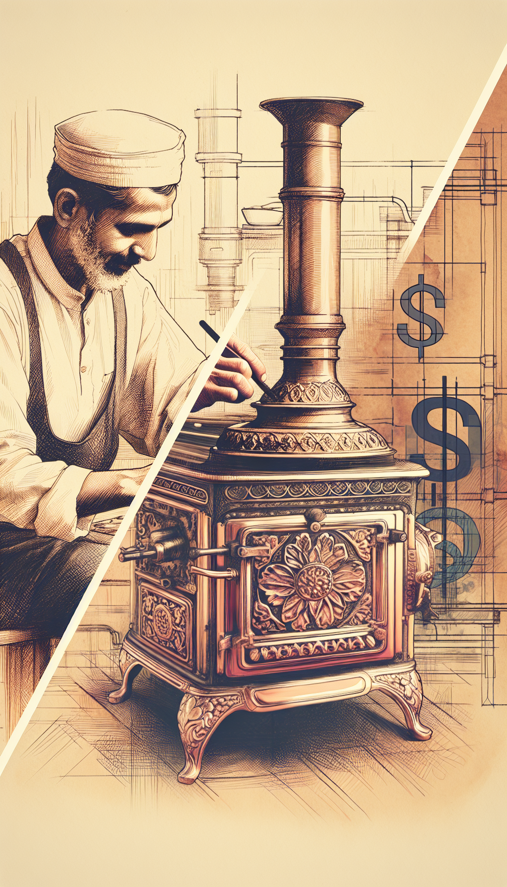 A delicate, sepia-toned sketch portrays a craftsman's hands gently polishing an intricately designed antique parlor stove, which transitions into vivid watercolor hues that highlight restored features. Beside it, semi-transparent blueprints overlay to suggest thoughtful planning, while dollar signs subtly engraved in the stove's cast iron denote increased value, preserving the essence of its historic authenticity.