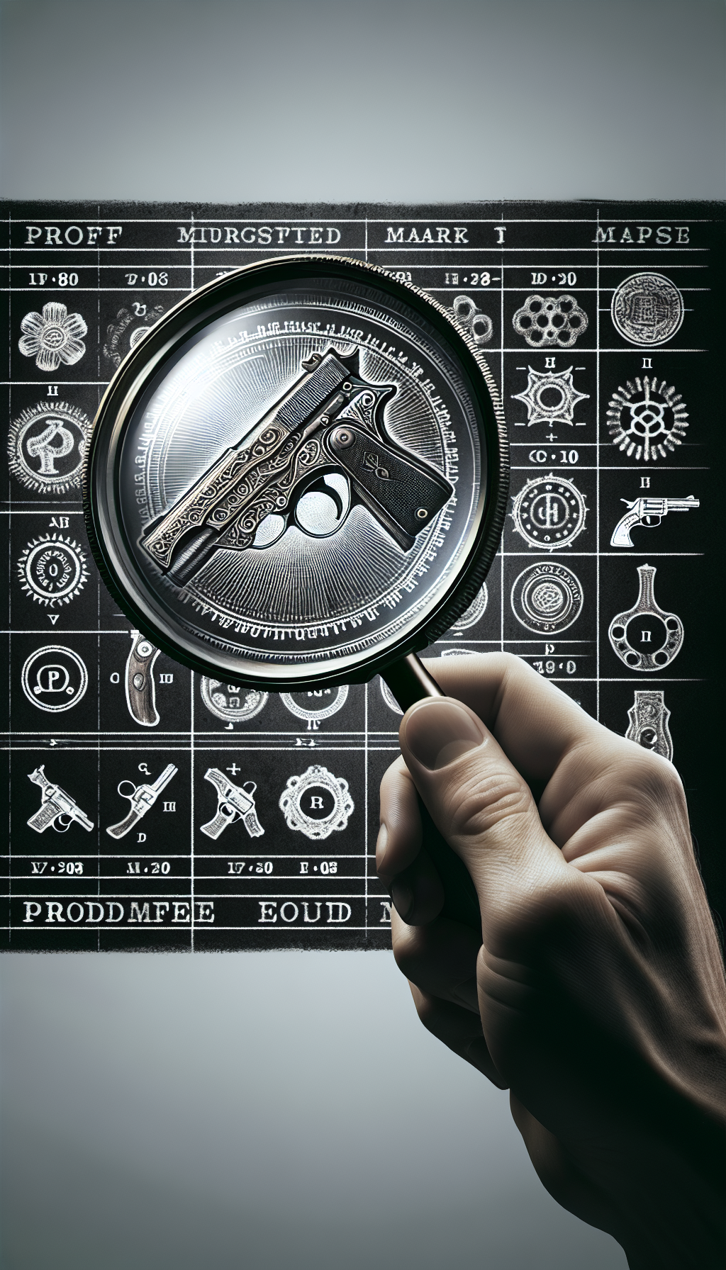 A magnifying glass hovers over an intricately designed antique pistol, focusing on the distinct proof marks and manufacturer's stamps engraved on its barrel. The magnified area reveals a detailed 'decoded' illustration of the marks in various styles, like engraved script next to a vintage typewriter font, symbolizing the blend of history and the detective work involved in antique pistol identification.
