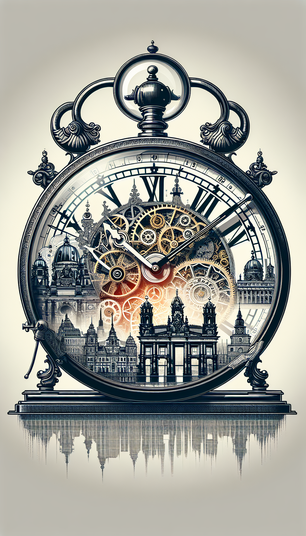 An illustration showcases a grand, ornate antique German wall clock, with its detailed gears magnified within its silhouette, blending into a scene of Berlin's historic skyline. Each clock number is replaced with unique emblematic German craftsmanship symbols, like the precision tools and awards, with a magnifying glass overlay on the lower half, hinting at the identification aspect.