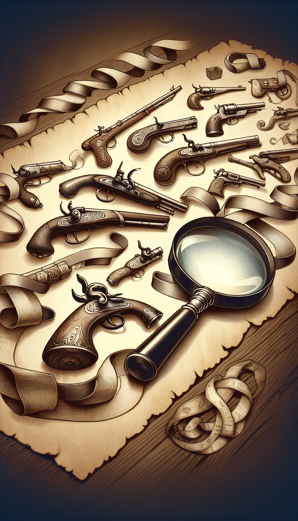 An illustration showcases a timeline ribbon unfurling like aged parchment across the canvas, with distinct pistols from various historical eras resting on its curls. In the foreground, a magnifying glass hovers over an ornate flintlock pistol, highlighting marks and intricacies, symbolizing the art of antique pistol identification, while the background faintly hints at a craftsman's workshop in sepia tones.