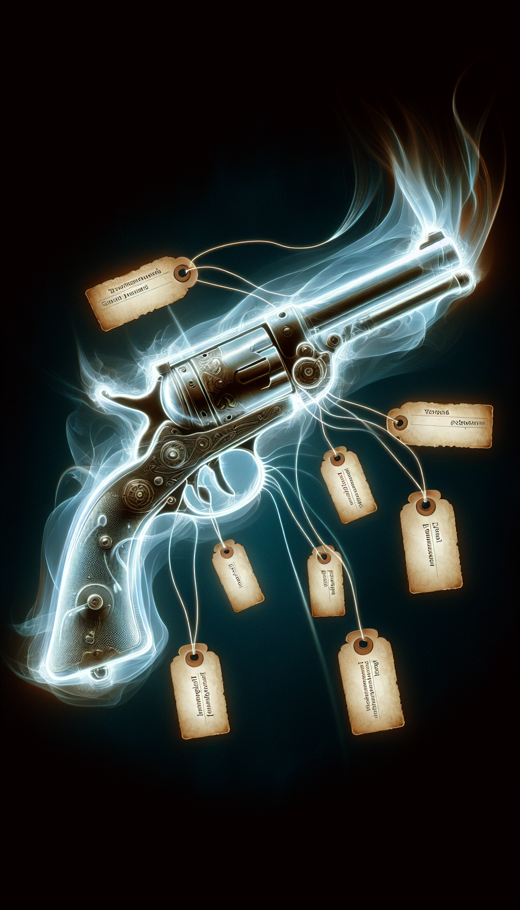 An ornate, ghostly outline of an antique pistol dominates the foreground, its key features—trigger mechanism, barrel filigree, and flintlock detail—pulsating with faint glows and labels appearing like aged parchment tags. Each identifying mark glimmers on the weapon's silhouette, showcasing the identification process within its ethereal blueprint, seamlessly blending modern diagnostics with the artifact's timeless craftsmanship.