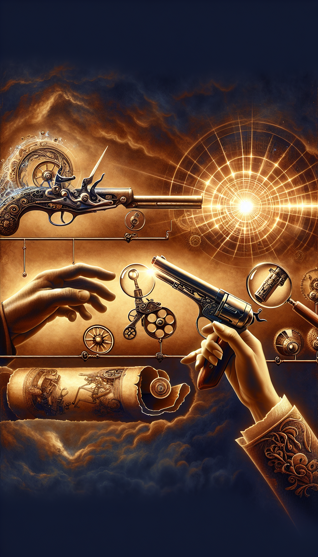 An illustration depicting a timeline with two hands at opposite ends, one holding a flintlock pistol and the other a cap-and-ball revolver, intricately linked by a flowing scroll labeled with key identification features of antique pistols. Above the scroll hover magnifying glasses focusing on unique mechanisms, their glints merging into a spectrum symbolizing the transition between eras in pistol development.