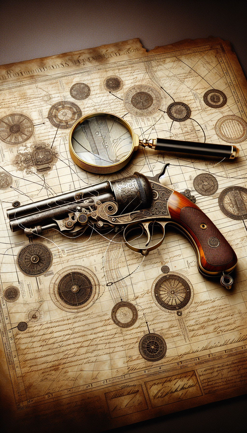 An intricate illustration depicts a magnifying glass hovering over an antique pistol aligned on a map with notable makers' marks and timestamps. Each identifiable feature of the pistol—scrollwork, patina, hammer—is tied with delicate, dotted lines to archival documents and authentication seals, visually connecting the process of provenance verification within the artful complexities of pistol identification.