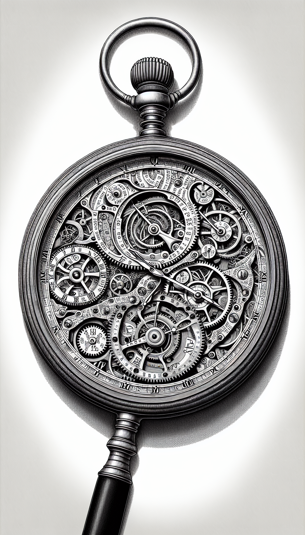 An intricate line art tableau depicts a magnifying glass revealing the gears within a classic open pocket watch, each gear inscribed with different historical dates. The watch hands point to symbols of currency, subtly shaded, indicating the watch's value. The juxtaposition of clockwork, history, and wealth weaves a captivating tapestry of the antique pocket watch's essence.