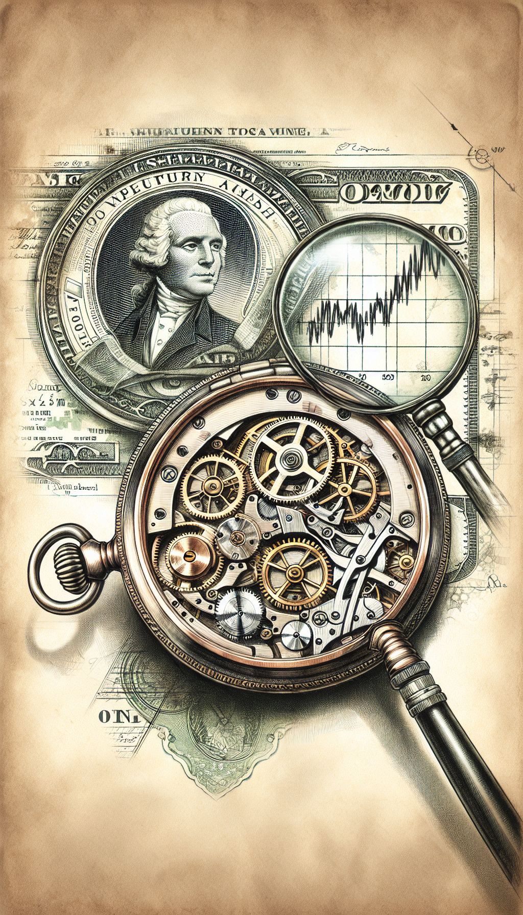 An antique pocket watch, meticulously opened to reveal its complex inner workings, is held under a magnifying glass, highlighting key factors like craftsmanship and gears. A subtle watermark in currency motif fills the background, and a faded chart with upward arrows implies increasing value. The illustration contrasts detailed sketch lines with vibrant watercolor hues, capturing both technical detail and the watch's vintage allure.