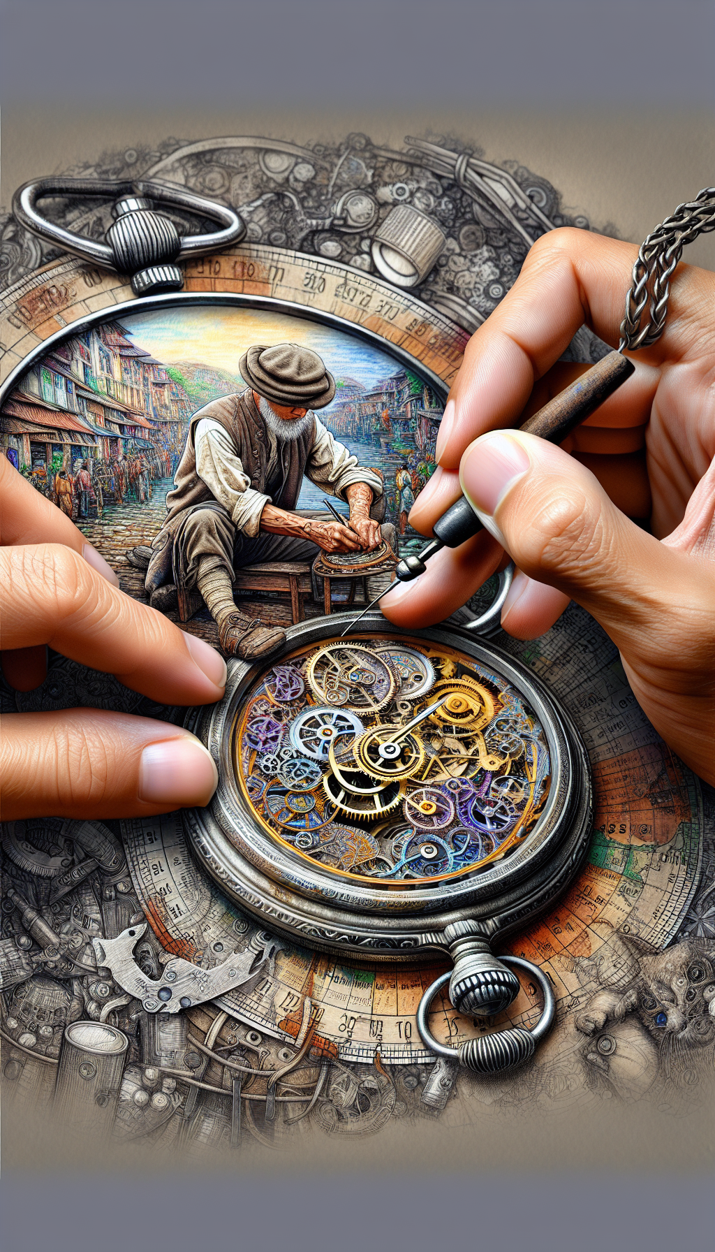 An artisan's hands intricately engrave a vintage pocket watch, with delicate patterns that trail off and morph into sketched historical timelines and global maps—symbolizing provenance. The surrounding vignette includes close-ups of watch gears in photorealistic detail, juxtaposed with a watercolor marketplace scene. This melange underscores the fusion of timeless craftsmanship and the antique's valued journey through time and geography.