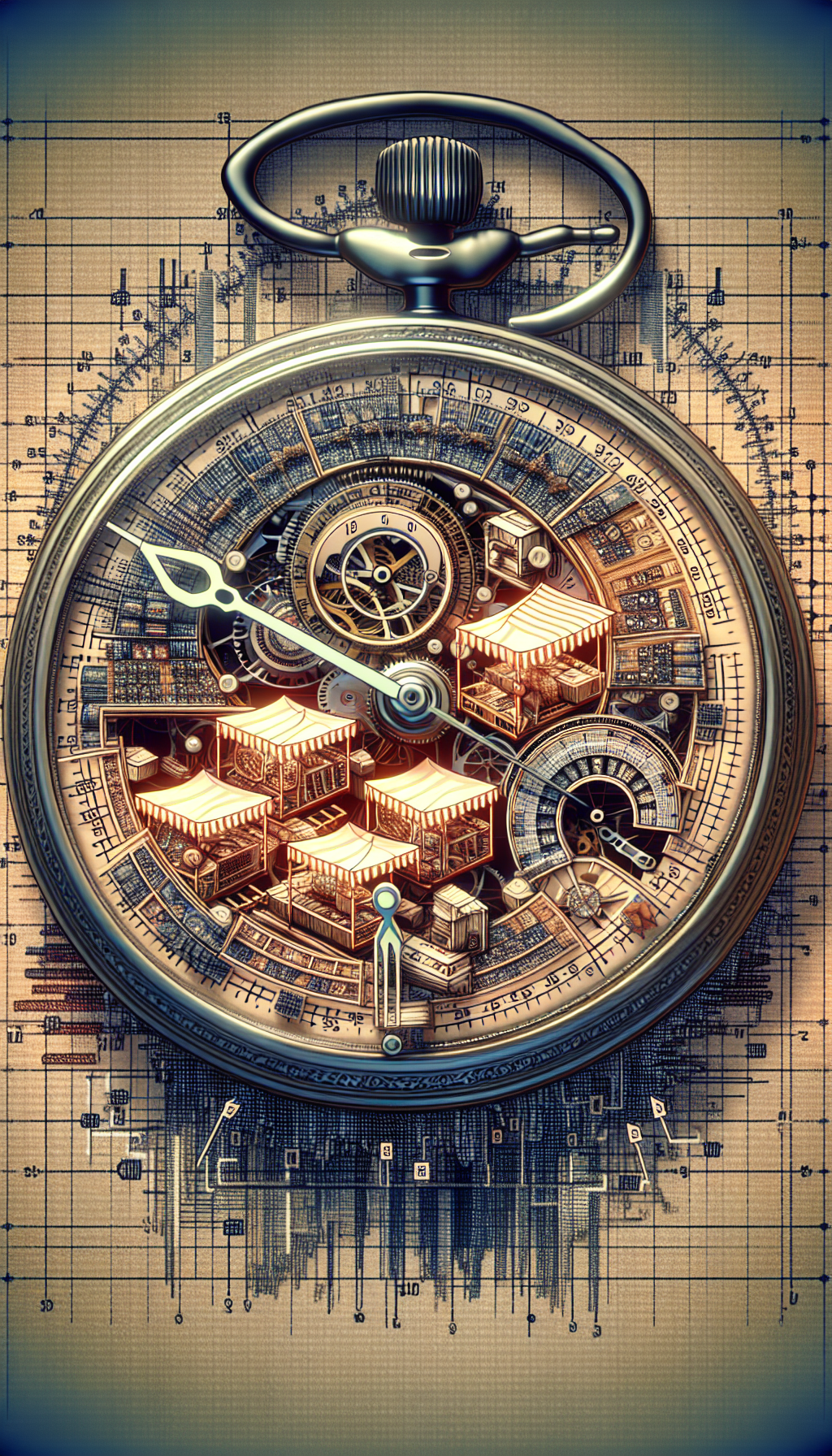 The illustration depicts an antique pocket watch with its gears artistically transformed into a vibrant marketplace scene. The hands of the watch point to different stalls, each representing key factors of rarity and demand. A transparent overlay of fluctuating graphs and numbers weaves through the market, symbolizing the dynamic value of these timeless pieces.
