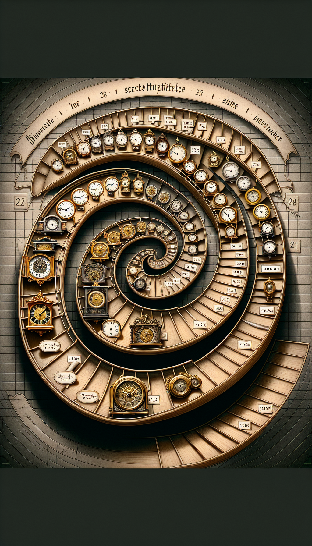An illustration depicting a spiraling clock hand unwinding along an ascending spiral staircase, with each step adorned by a distinct, detailed miniature German wall clock representing various historical periods. Each clock is labeled with a tiny, elegant tag indicating its era, thus guiding the viewer through the progression of styles while hinting at the nuances of identification for antique German wall clocks.