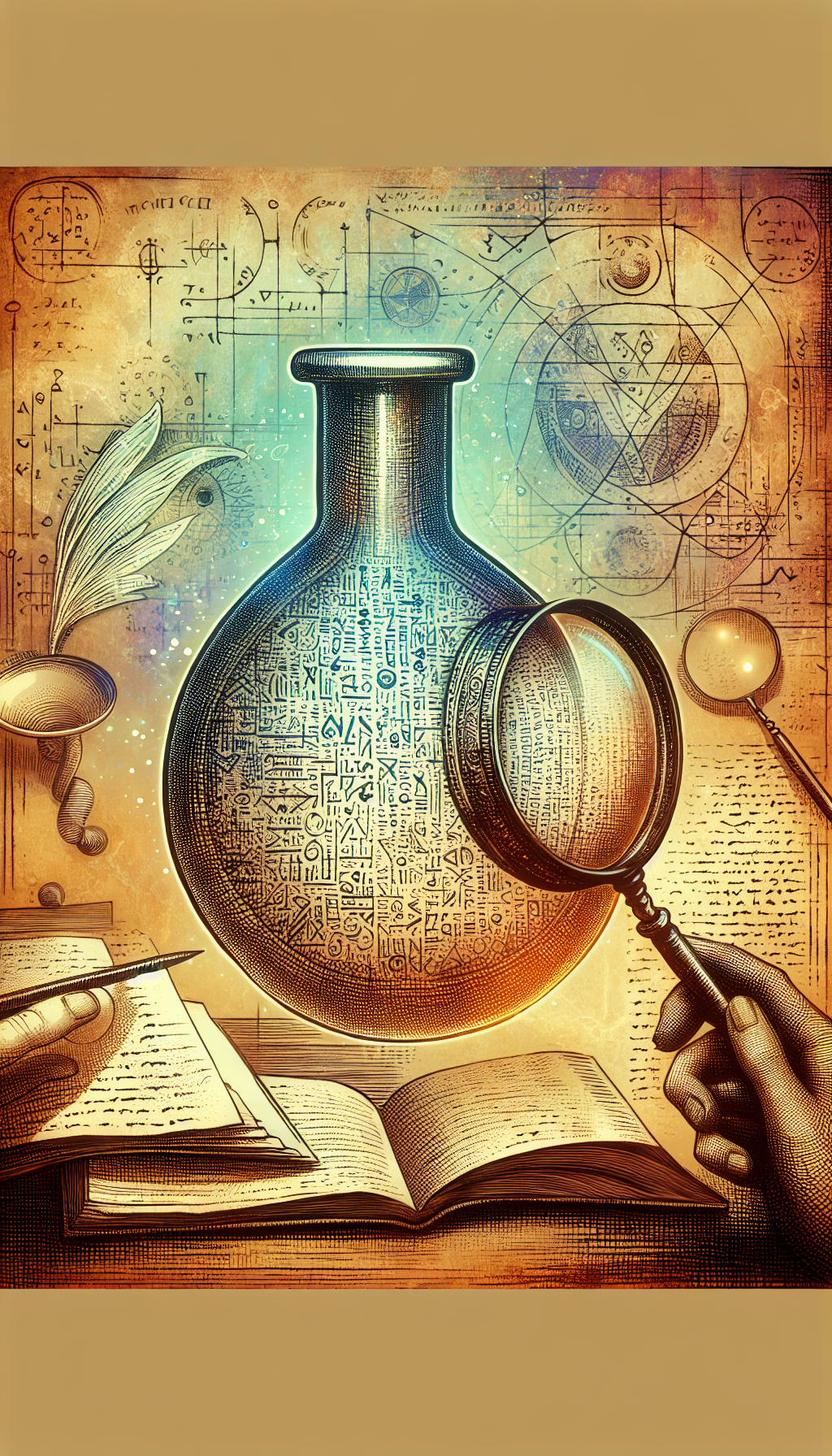 An intricate illustration depicts a magnifying glass hovering over an ancient powder flask, highlighting an array of inscribed marks and obscure symbols. A ghostly parchment unfurls in the background, with sketched translations and notes. The flask appears etched with fine detail, set against a backdrop that suggests a historian's desk, strewn with old tomes and artifact-dating tools.