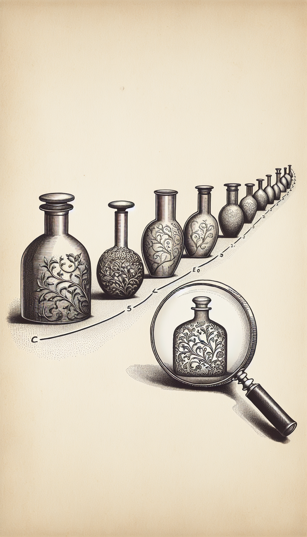 An illustration displays a timeline transitioning from crude, utilitarian powder flasks to ornate artistic ones. Halfway along, a magnifying glass hovers, revealing maker's marks and age indicators in its lens, symbolizing identification. The flasks under the glass exhibit a detailed etching style, contrasting with the simpler outlines of earlier and later designs, subtly showcasing their evolution.