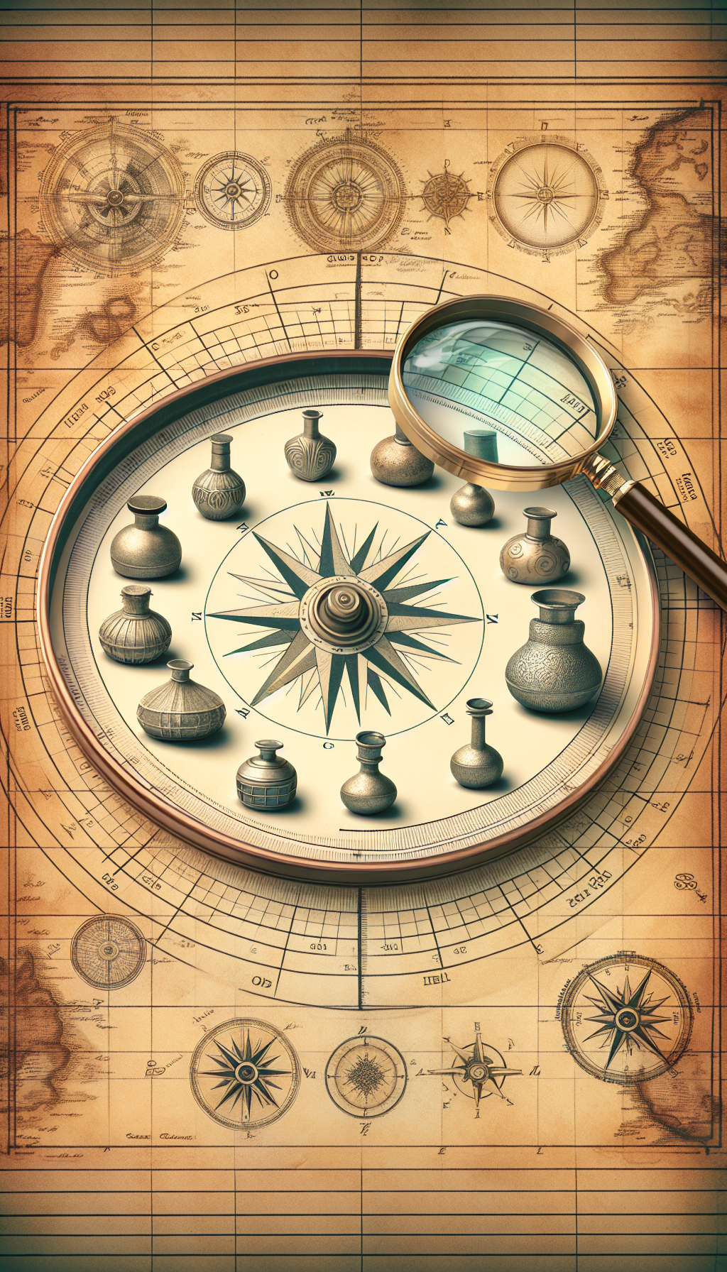 An antique-styled compass needle pivots across a parchment map background, pointing to various finely-detailed powder flasks representing different eras and origins, with magnifying glasses hovering over key features to symbolize identification, while a subtle watermark of a timeline intertwines with the map's longitude lines, guiding the eye to the pivotal aspects that determine each flask's provenance and age.
