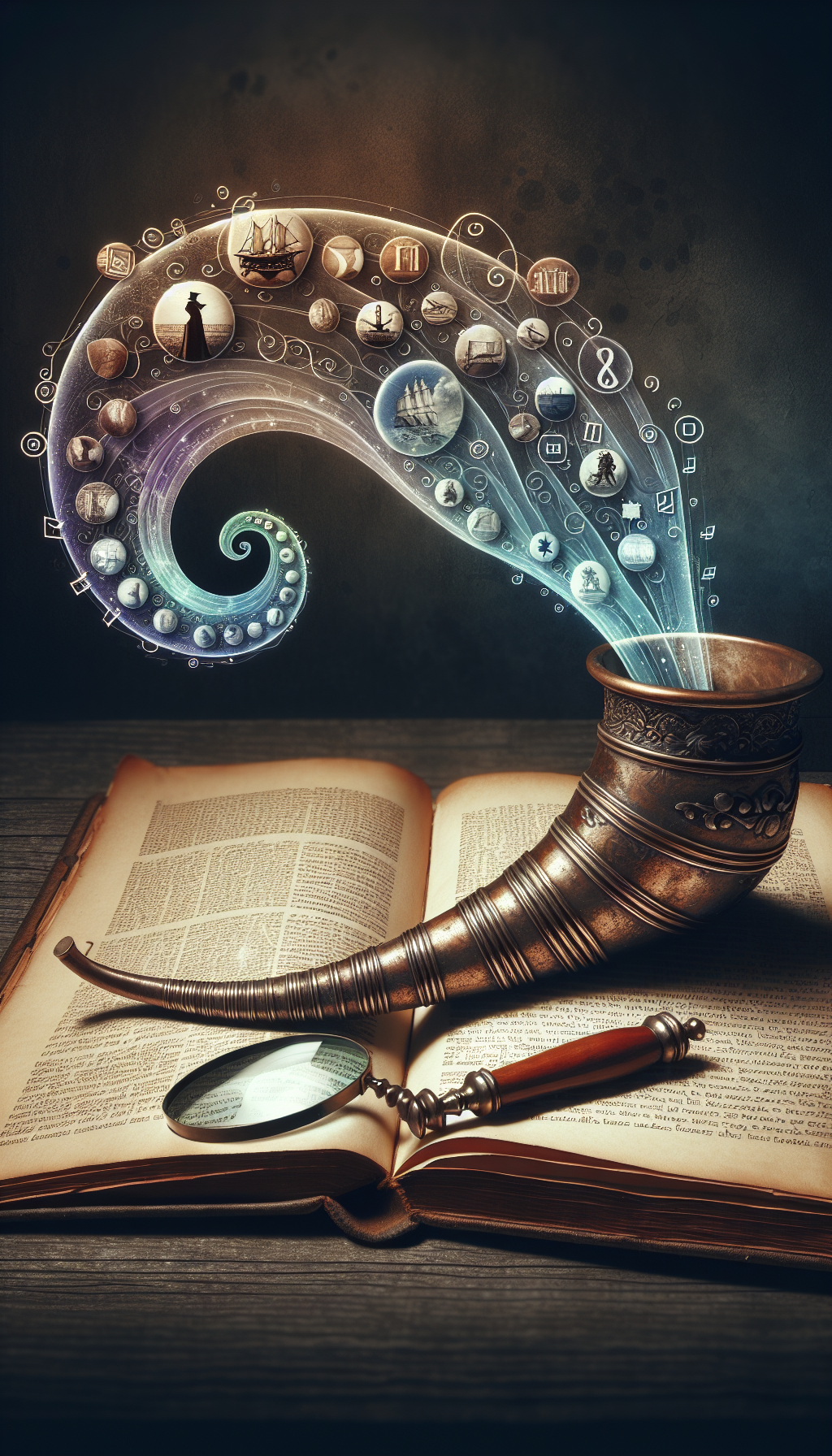 A whimsical steampunk-inspired vignette where an antique powder flask rests on an open, ornate tome, with ghostly, semi-transparent vignettes of historic tales spiraling from its top. Each scene reflects a different era, blending into one another. A magnifying glass hovers over the flask, with stylistic identifiers (periods, motifs) as floating annotations.