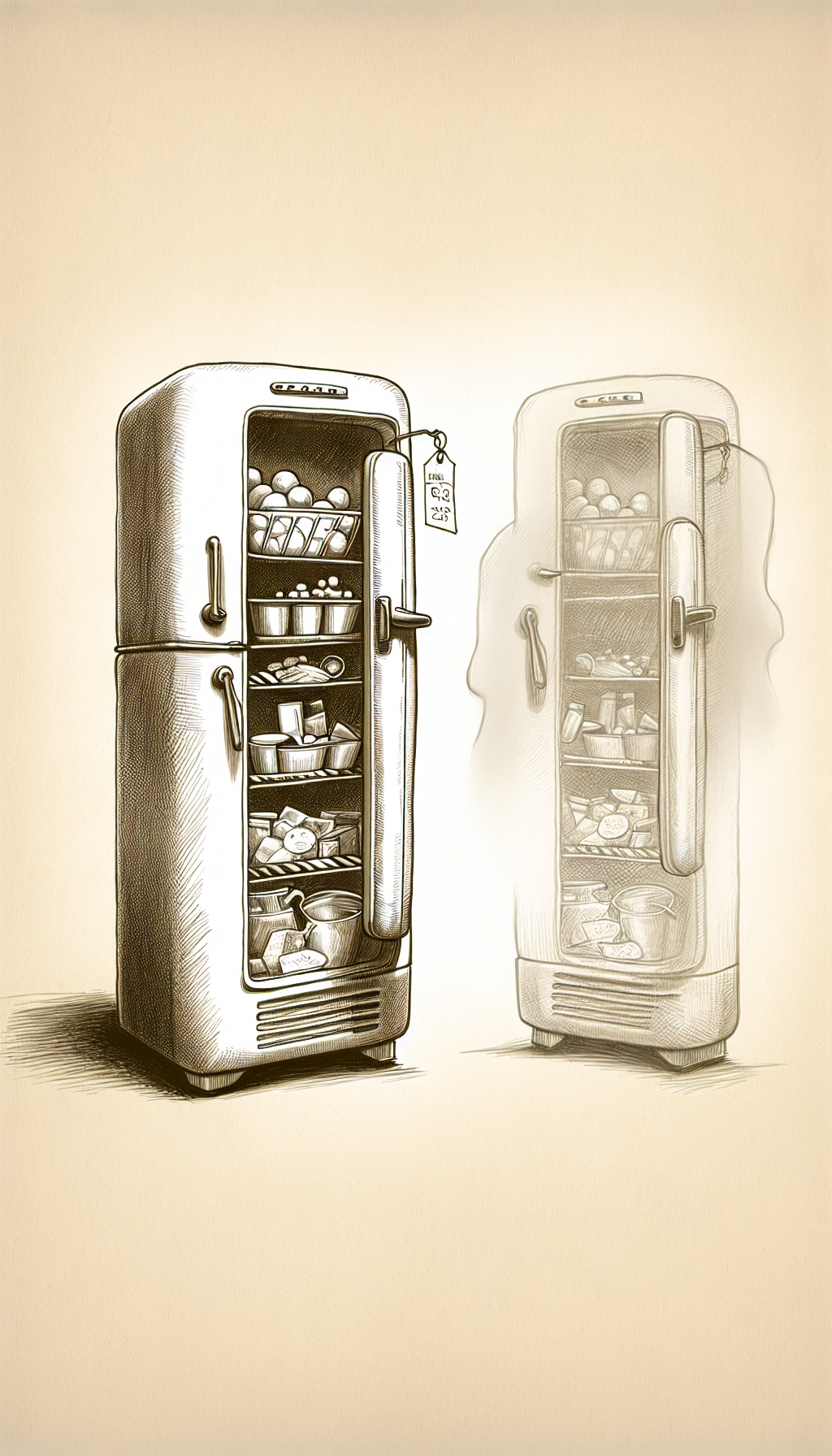 A whimsical, sepia-toned sketch features a classic 1950s refrigerator with its door ajar, revealing shelves filled with vintage coins and gemstones, substituting typical food items. Above the fridge, a translucent, ghostly silhouette of an icebox hints at its historical predecessor, with a price tag dangling from its handle, capturing the essence of the antique refrigerator's value through time.