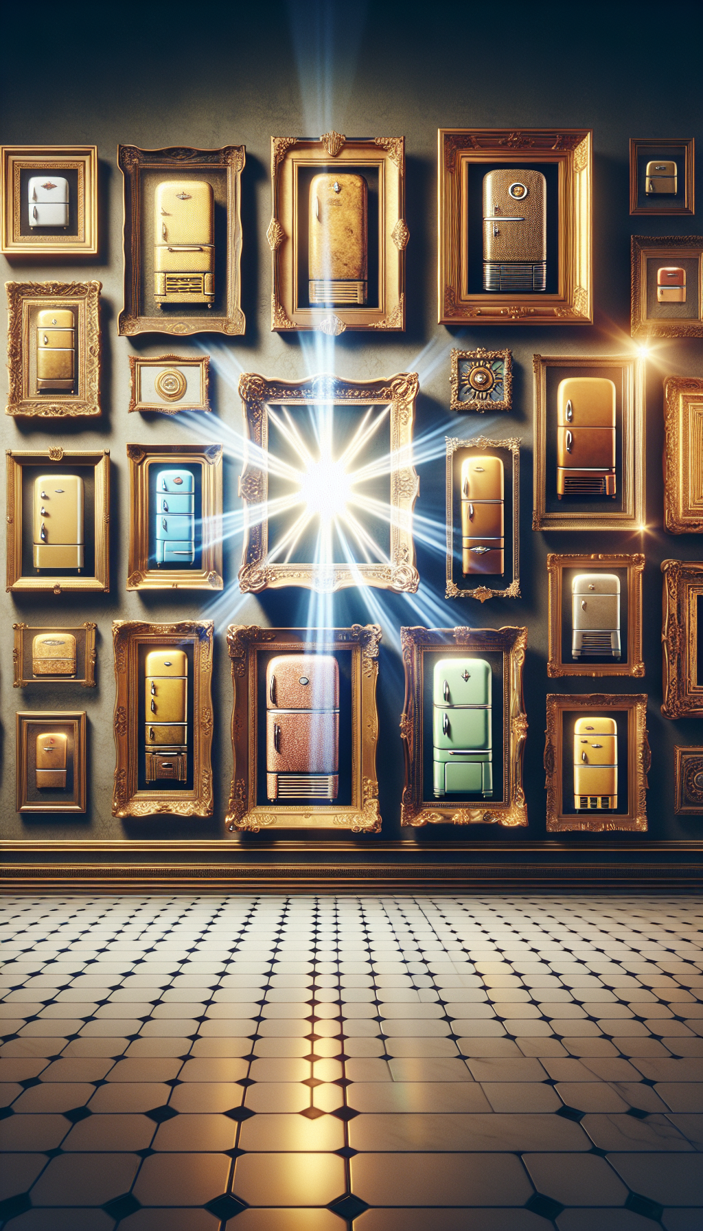 An illustration depicting a grand gallery wall where gilded frames showcase elegant, old-fashioned refrigerators from various eras. Each frame exudes an aura that symbolizes its value: classic emblems glimmer like jewels, and soft, ethereal light illuminates the vintage craftsmanship, highlighting the timelessness and cherished legacy of antique refrigerator makers.
