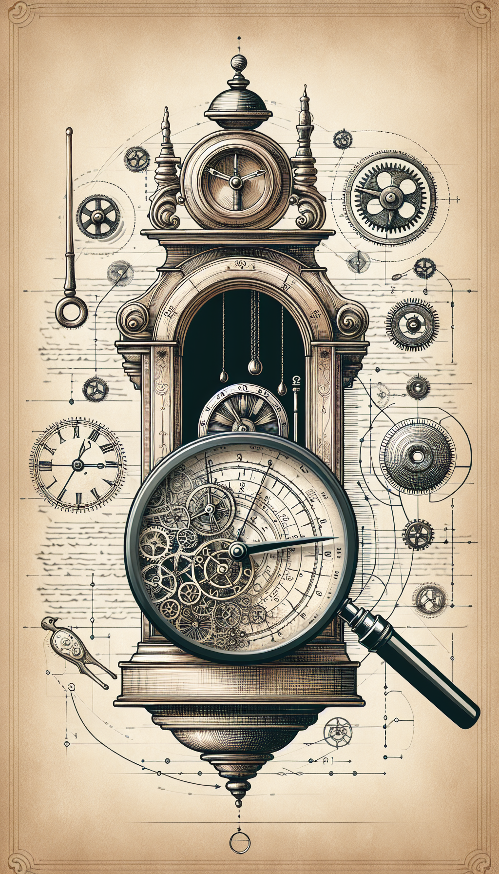 An intricate illustration features a pendulum swinging over a magnifying glass focused on the detailed craftsmanship of an antique German wall clock. Gears and vintage hour symbols encircle the scene, while a faded watermark with an authenticity certificate crests the background. Each section of the pendulum's arc subtly transitions from intricate line art to a watercolor silhouette.