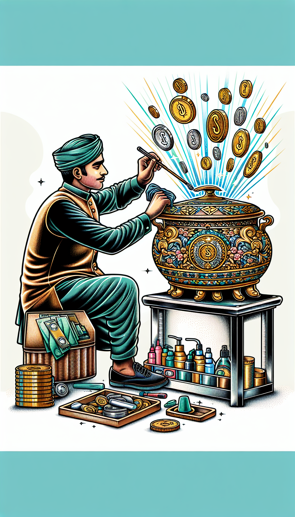 An illustration showcasing a person in vintage attire polishing an ornate antique cooler, with gleaming coins and dollar bills floating upward to represent increased value. The cooler sits on a pedestal, half restored to highlight before/after contrast, with tools and preservation products arrayed neatly beside it. The image blends art nouveau outlines with a modern, vibrant color palette to convey timeless value.