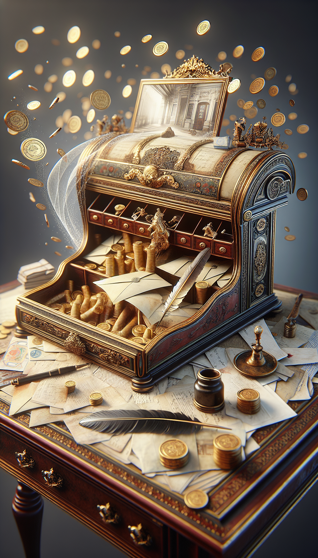 An ornate roll top desk sits center frame, partially unfurled to reveal intricate compartments with treasures inside: old letters, vintage stamps, and a quill pen. A ghostly transparent overlay shows a regal room from the past. Golden coins spill softly onto the desktop, symbolizing the desk's value. The style smoothly transitions from photorealism at the desk to an impressionistic historical scene.