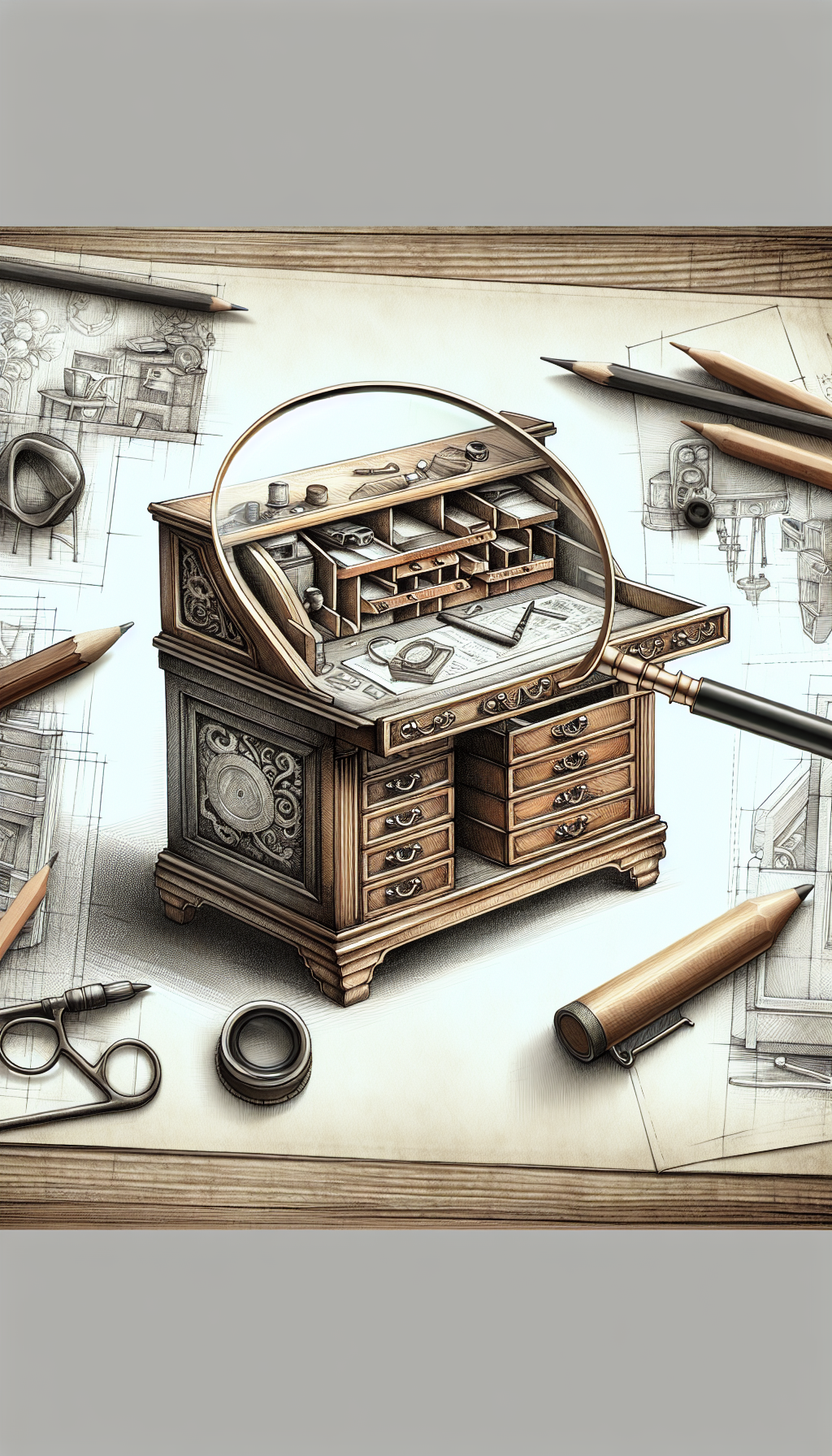 An illustration depicts a magnifying glass hovering over a richly detailed roll-top desk, revealing hidden compartments typical of true antiques. Inside one compartment, there's a tag with a historically accurate date and craftsman signature, symbolizing authenticity. The desk is partly sketched in pencil, partly painted in watercolor, and partly rendered in crisp digital lines, accentuating the fusion of past and present values.