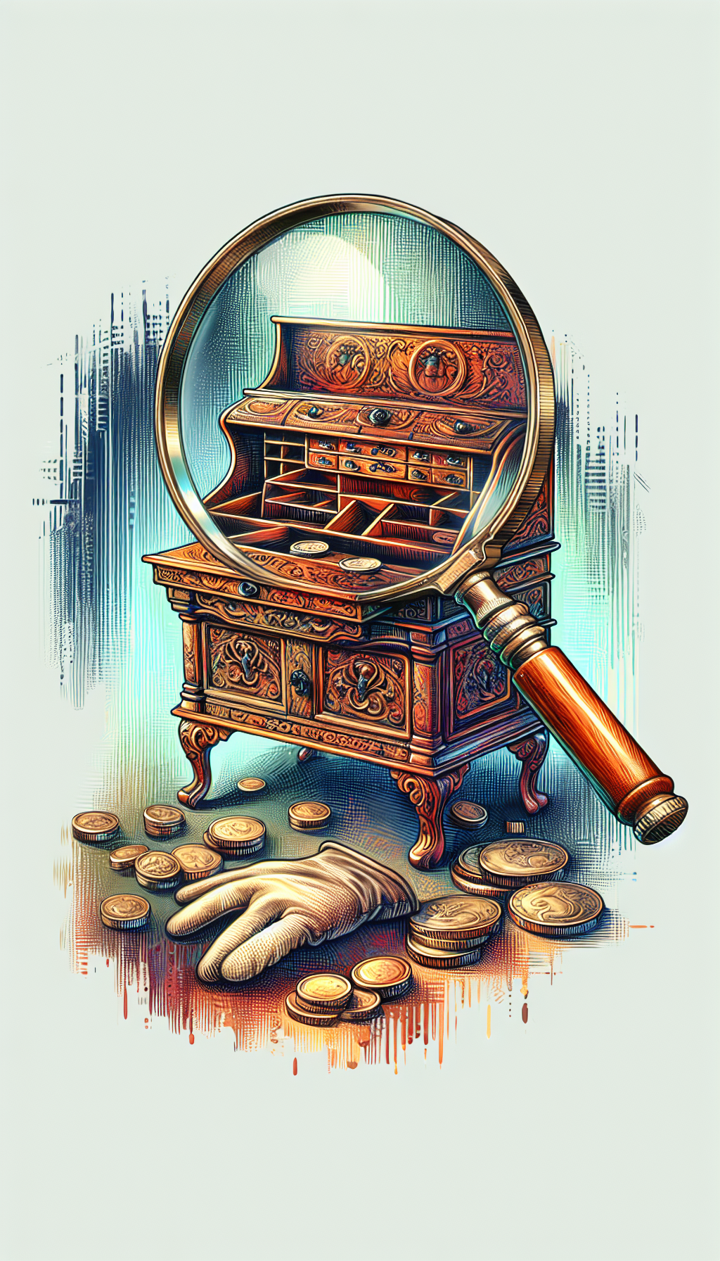 An illustration displays a half-open antique roll top desk with a magnifying glass hovering over it, revealing intricate carvings and the patina of age. Coins and appraiser's gloves lie scattered on the desk surface, hinting at the evaluation of its value. The artwork shifts styles from detailed realism under the glass to impressionistic strokes on the outer edges.