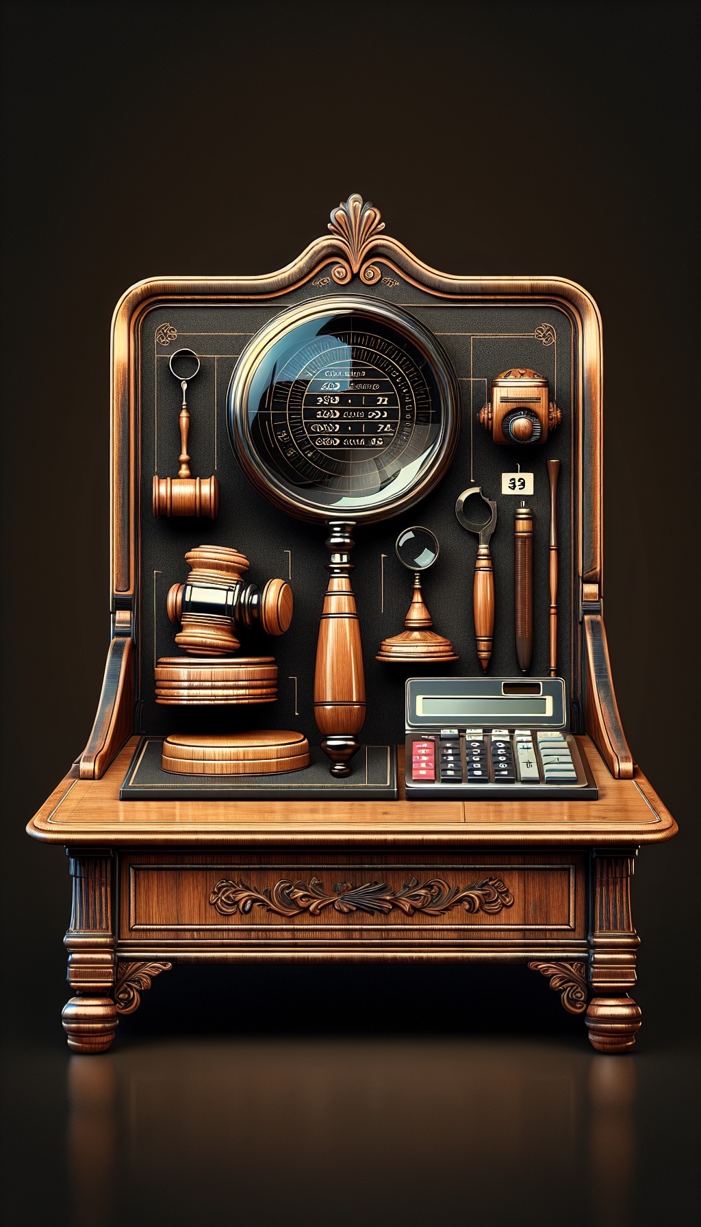 An illustration featuring a magnifying glass hovering above various elements like a calculator, an auctioneer's gavel, and a pricing tag, all laid out atop an elegant, vintage roll top desk with intricate woodwork. The magnifying glass reflects different valuation indicators like age, condition, and rarity, seamlessly blending Victorian flourishes with modern analytical imagery.