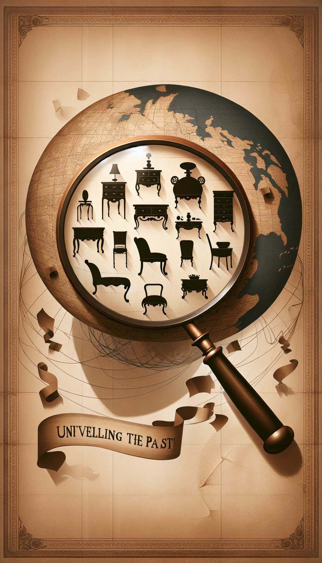 In a whimsical, sepia-toned scene, a magnifying glass looms large over a map dotted with vintage furniture silhouettes, each piece casting a shadow with an expert appraiser's silhouette. The map is wrapped around a globe, subtly hinting at local proximity. Above, a banner unfurls with the title "Unveiling the Past," completing this visualization of antique discovery and appraisal.