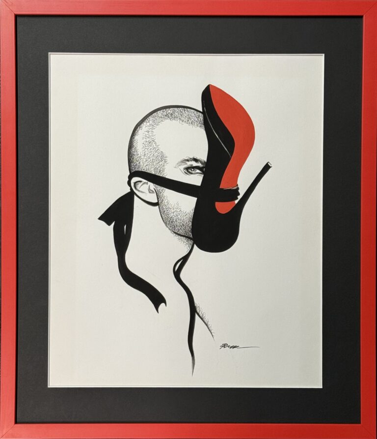 From the Shoe Fetish collection this is a Pen & Ink, gouache on illustration board (original drawing by Robert W Richards) Depicting a Man bust with a Red Woman Heel Shoe on Face circa 2000s