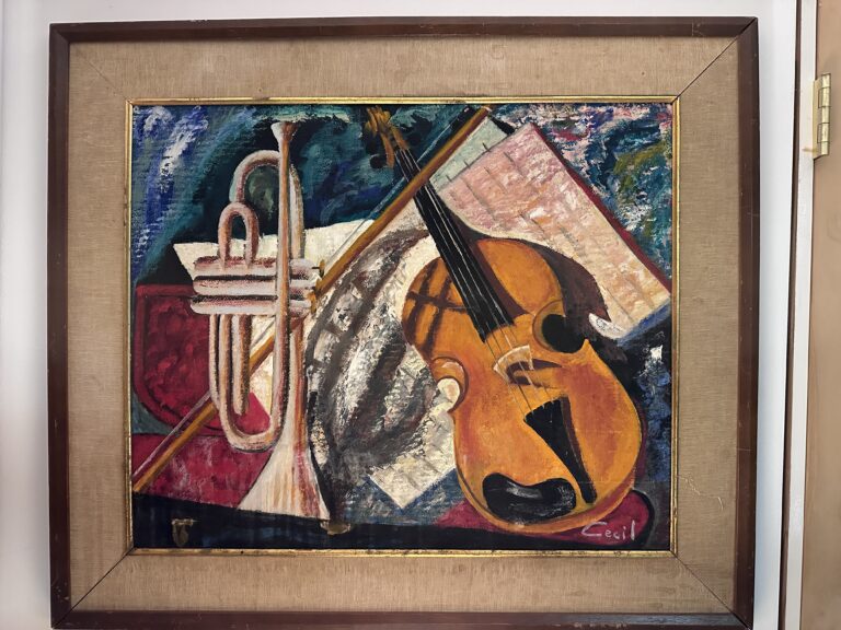 An Original Hand Made Painting by Cecil Collins (British, 1908–1989) This artwork features a dynamic composition of musical instruments, including a trumpet and violin, set against an abstract background. The use of bold colors and expressive brushstrokes lends the painting a vibrant, almost lyrical quality, echoing the energy of music. Shapes overlap and intersect, creating a sense of harmony and rhythm. A signature is visible in the lower right corner, and though there is a scratch near the violin, the overall condition appears good, with the painting neatly housed in a simple, elegant frame. 24 inches x 20 inches acrylic paint on wood