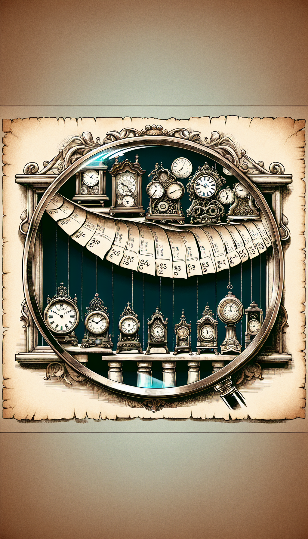 A whimsical illustration depicts an array of ornate antique mantel clocks, each perched atop a timeline unfurled like a parchment scroll. The clocks morph in style from left to right, signifying their progression through eras, while a magnifying glass hovers above, revealing price tags beneath to symbolize their value. A victorian-esque frame encapsulates the entire scene, further emphasizing timeless elegance.
