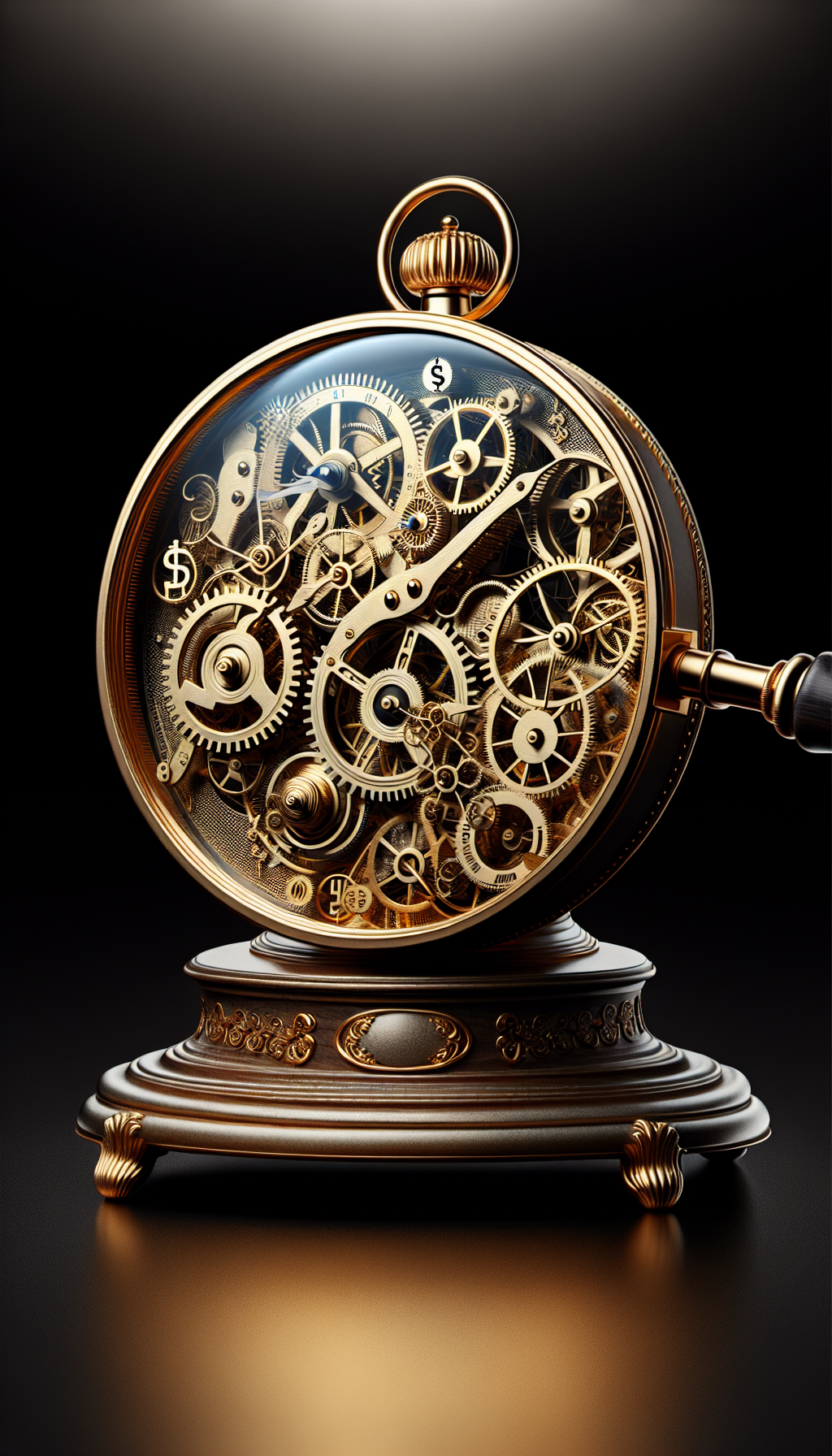 An antique mantel clock, its face partially translucent, reveals an intricate network of interlocking gears and springs, shimmering with a golden hue to denote value. A magnifying glass hovers above, allowing a closer look at the delicate balance wheel, highlighting the precise craftsmanship. The surrounding gears subtly morph into currency symbols to connote the clock's inherent worth.