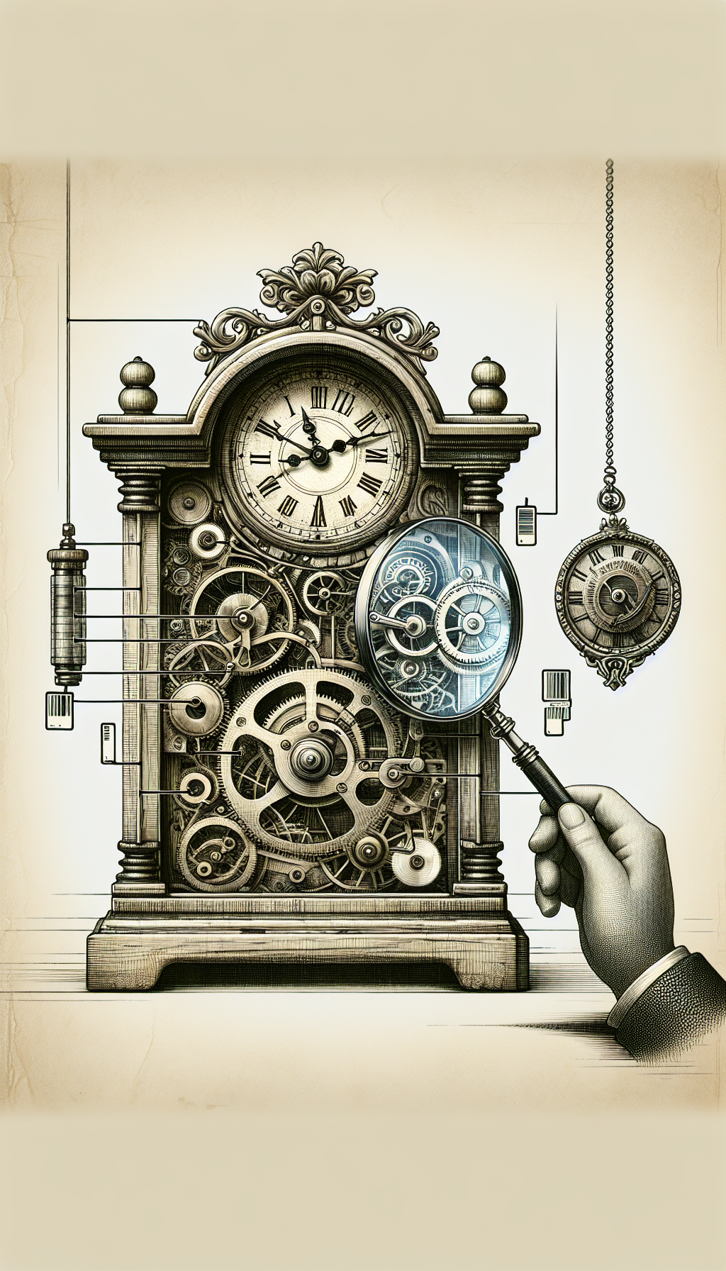 An elegant, antique mantel clock is partially deconstructed, its exposed intricate gears subtly shaped into a prestigious brand logo. A jeweler's magnifying glass hovers over, inspecting the craftsmanship, with price tags dangling from the finest components, contrasting ornate handiwork with modern barcode stickers. The clock face transitions from a vintage sketch to a sleek, digital style, symbolizing evolving valuation.