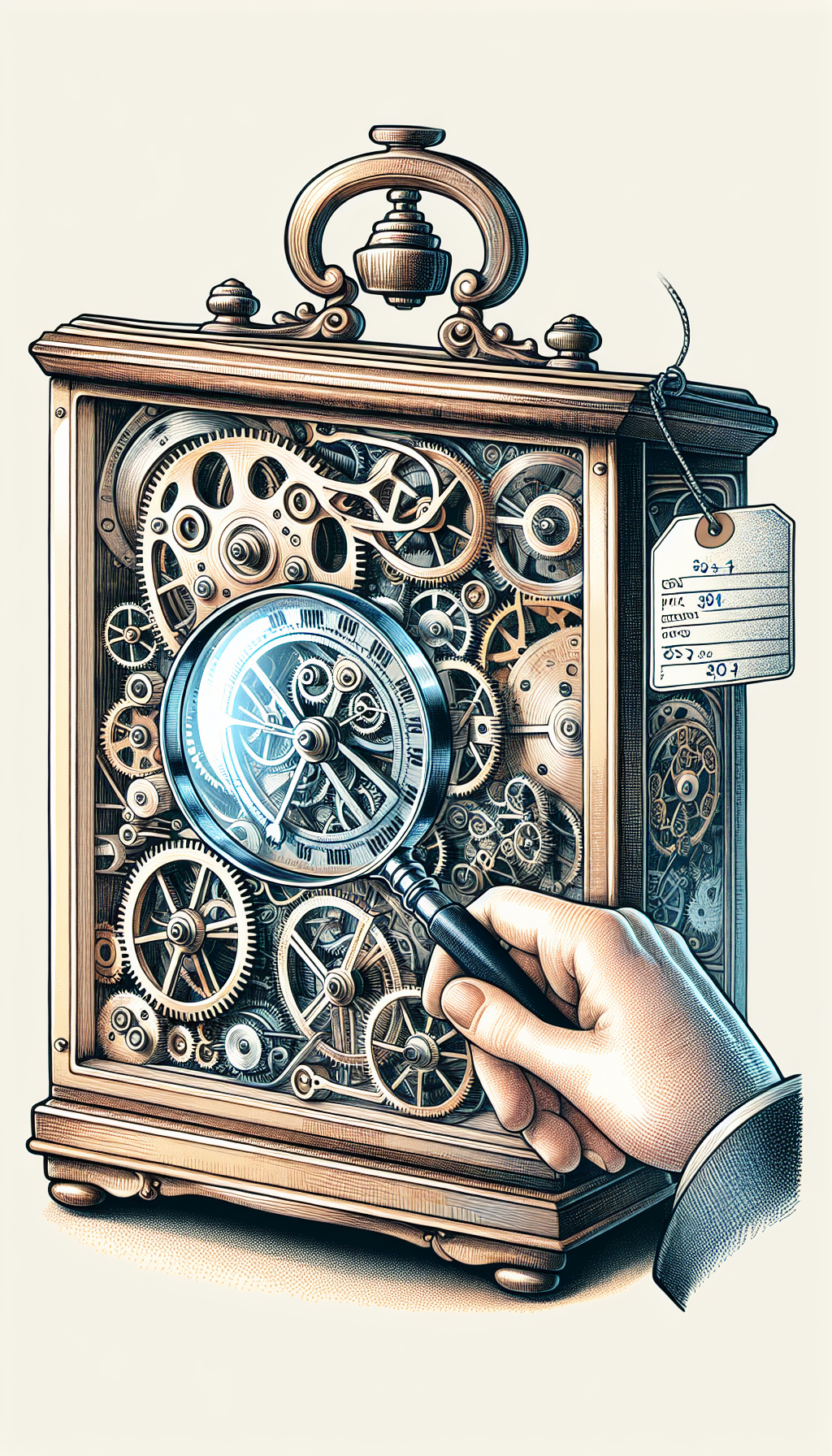 An illustration showcasing a magnifying glass zooming in on the intricate gears of an open-back antique mantel clock, with each cog and wheel meticulously labeled for condition. Behind it, a softly glowing price tag reflects the clock's value. The image juxtaposes detailed line art for the clock's interior mechanics against a watercolor hue for the exterior, symbolizing a blend of precision and heritage.