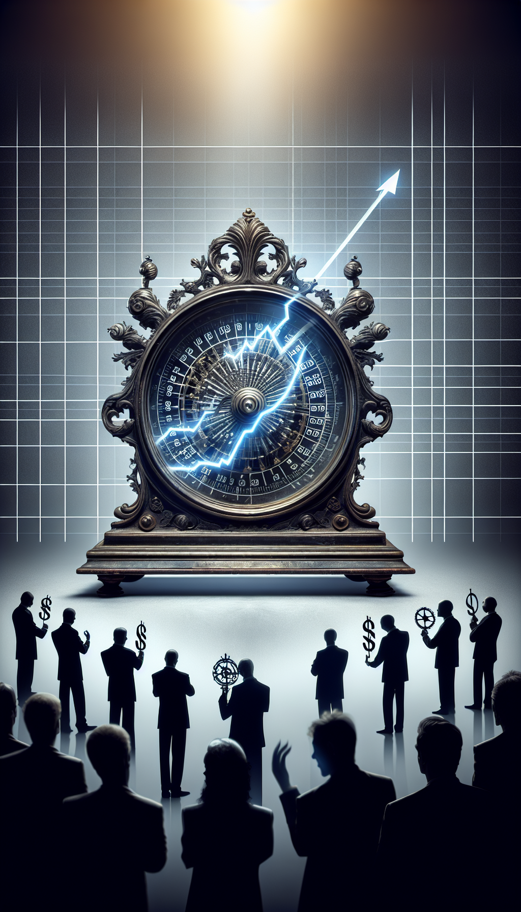 An image of an elegant, ornate antique mantel clock, its hands spiraling into a graph that shows ascending market trends, symbolizing rising value. The clock is juxtaposed against a backdrop of ghosted images of rarer clocks, illustrating scarcity and demand. Collectors' silhouettes, with visible dollar signs in their eyes, are bidding fervently at an auction under the clock.