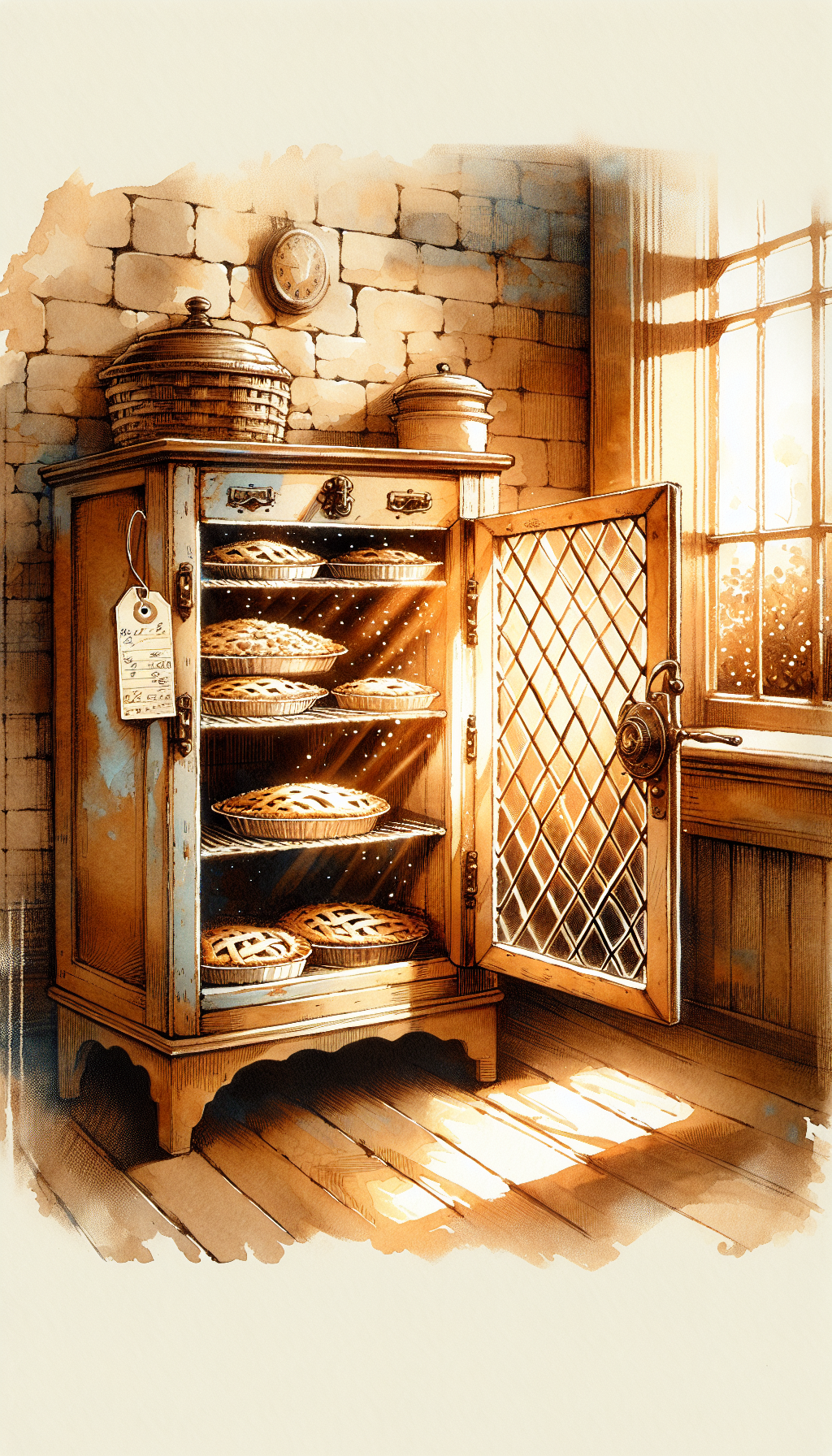 An illustration depicts a rustic kitchen corner with sunlight filtering through a delicate lattice-work vintage pie safe. Inside, glowing golden pies are visible, emblematic of the pie safe's culinary heritage. Atop, an antique price tag dangles, emphasizing its value. The style is a blend of warm sepia tones and watercolor textures, bringing out the coziness and historical worth of the pie safe.