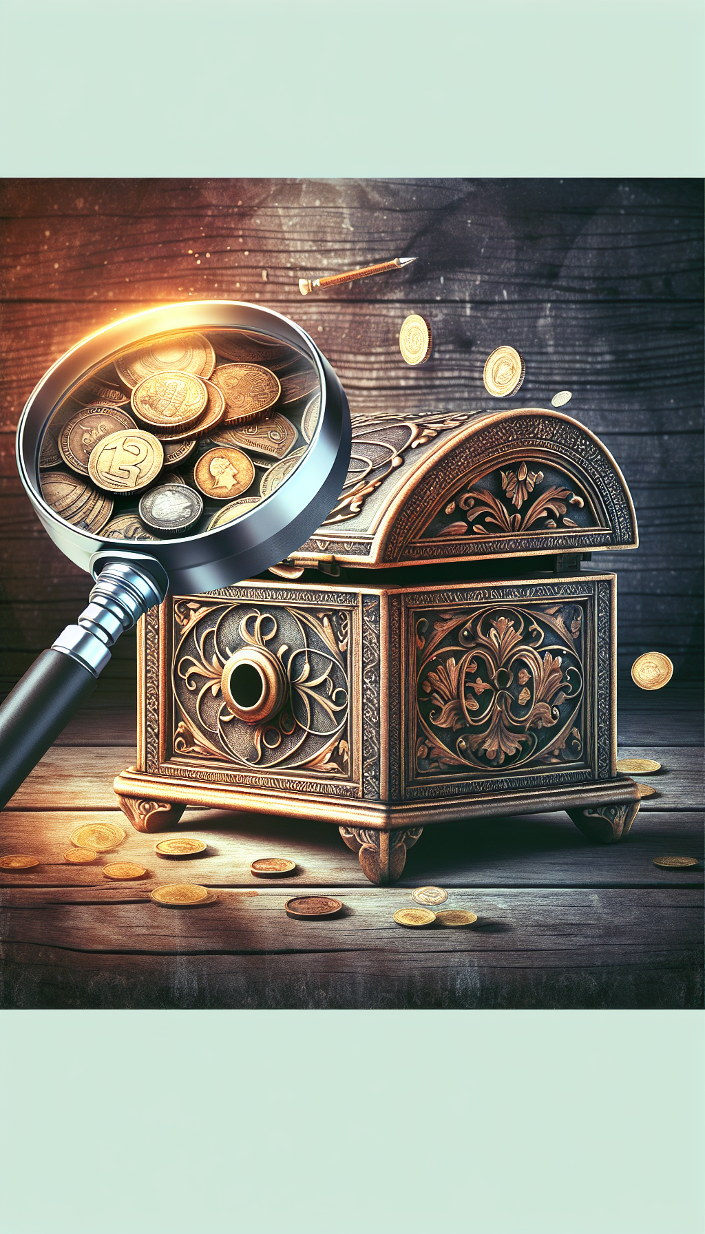 An illustration showing a magnifying glass hovering over an intricately carved antique pie safe, with gleaming gold coins, rare stamps, and a faded old-fashioned price tag fluctuating beneath the lens, representing the fluctuating factors of value determination. The pie safe stands against a background of time-worn wood, emphasizing its vintage charm and historical worth.