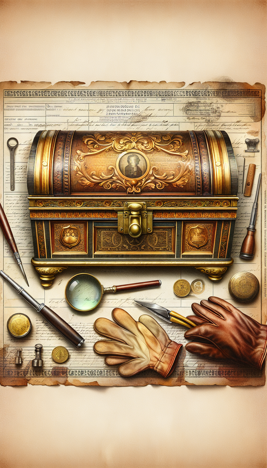 An illustrated cross-section of an antique pie safe, highlighting areas of preserved patina with lustrous, golden accents on the edges and corners against a backdrop of a faded appraisal document watermark. Various tools like magnifying glass, gloves, and an auctioneer's gavel subtly interspersed, suggesting the careful evaluation of the pie safe's authentic condition and its intrinsic historical value.