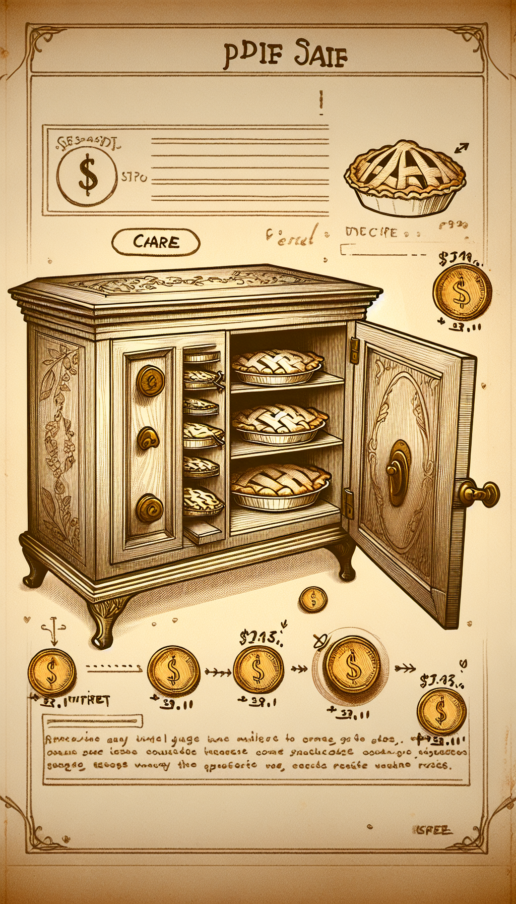 A whimsical, sepia-toned illustration features a hand-drawn outline of an elegant antique pie safe, with golden coins and dollar signs subtly etched into its woodwork. The doors are slightly ajar to reveal vintage pies, each with a price tag indicating its rising value over time. Above, delicate care instructions float like recipe notes, ensuring the safe's longevity and worth.