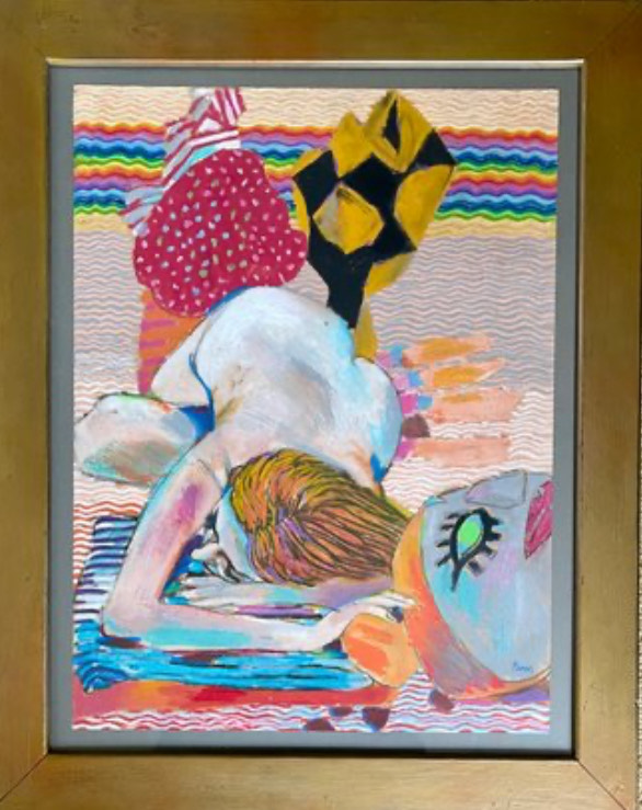 An Original Painting by Listed Artist Roland Reiss (American, 1929–2020) titled ” The Redhead ” In Frame Signed With Paperwork Good used condition size is 24.5″w x 30.5″h, It depicts an abstract scene of woman in sand