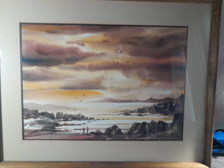 An Original Hand Made Painting  by Listed American Artist David Stiles (He is a noted painter of the southwest, and has lived in California, Arizona, New Mexico, and Texas) circa mid to late 20th. Depicting a Landscape Scene of Beach coast, watercolor, impresionist style painting.