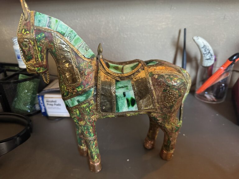 A Fine Quality Handpainted Brass Decorated Horse Figurine, wooden toy horse, brass toy horse, decorative horse, baby horse, handpainted horse Indian Origin From circa early 20thC Ivory Inlay Unknown Artist