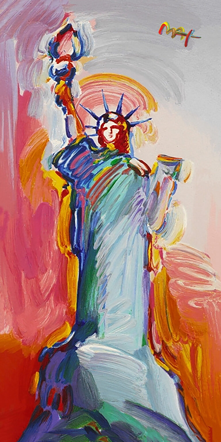 An Original Hand Made Painting by Listed Artist PETER MAX (American artist) titled STATUE OF LIBERTY media ACRYLIC ON CANVAS 48X24 inch circa 1970s Pop-Art Style Depicting a Landscape scene with the Statue of Liberty
